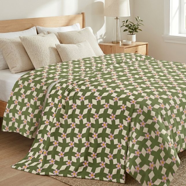 Retro Sage Green and Pink Geometric Floral Bedding Fleece Blanket (Creator Uploaded)