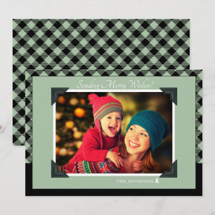 Retro Sage Green Buffalo Check Christmas Photo Holiday Card