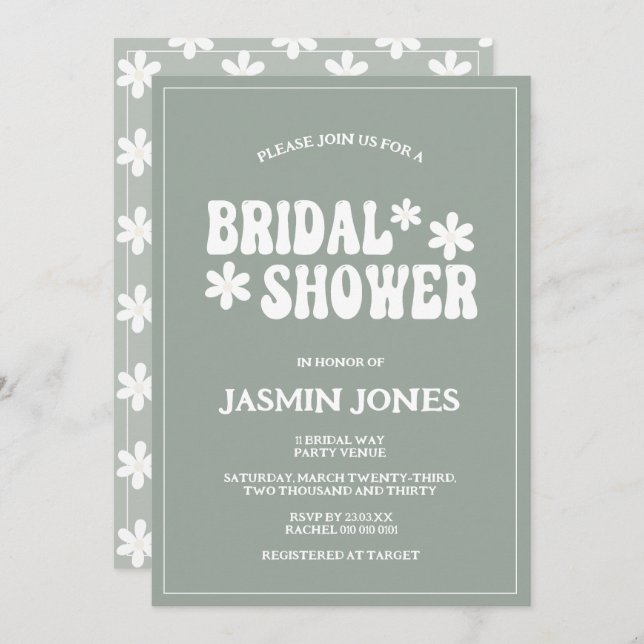 Retro Sage Green Daisy Flower Bridal Shower  Invitation (Front/Back)