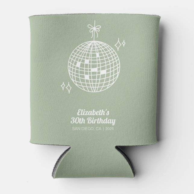 Retro Sage Green Disco Ball Birthday Personalised Can Cooler (Front)