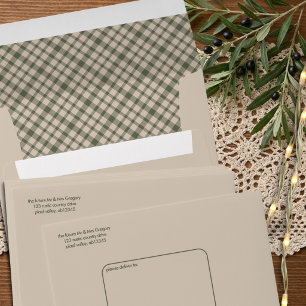 Retro Sage Green Plaid Pattern Wedding Envelope