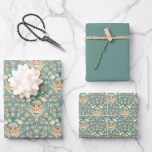 Retro Sage & Sand Cheerleader Mandala Deco Scallop Wrapping Paper Sheet