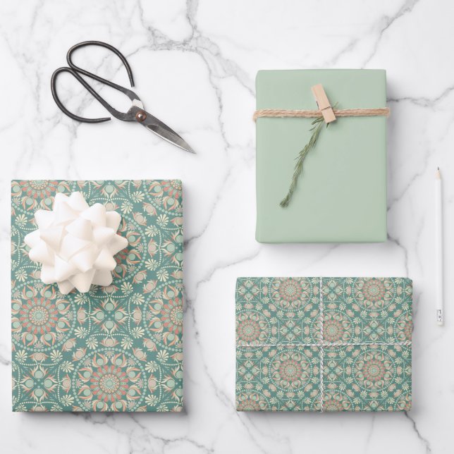 Retro Sage & Sand Ornate Mandala Diamond Tile Wrapping Paper Sheet (Front)
