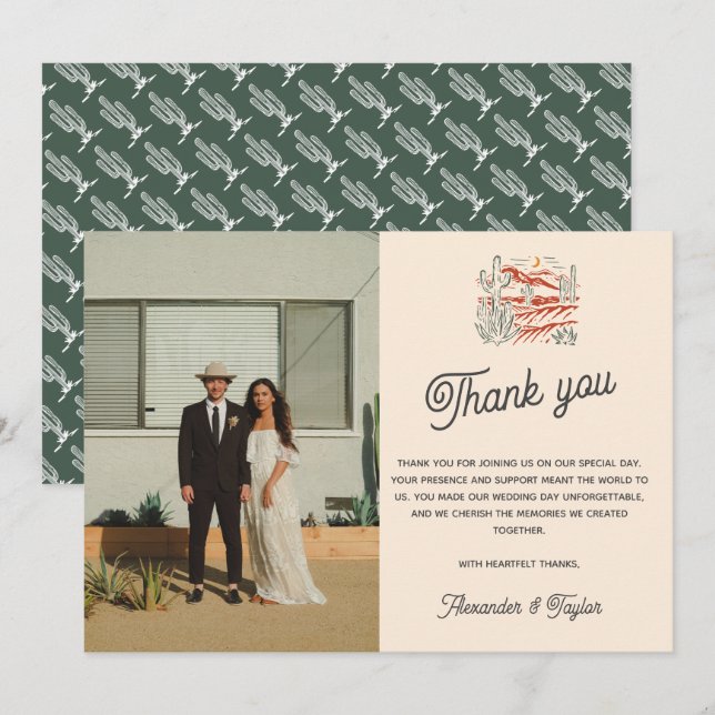 Retro Saguaro Cactus Desert Wedding Thank You Card (Front/Back)