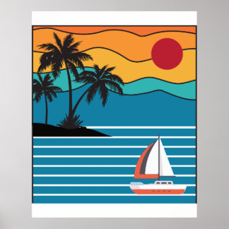 Retro Sailboat 80s 70s Style Sailing Boat Captain Poster