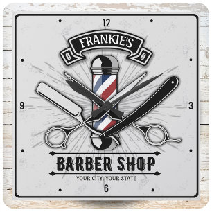 Retro Salon Barber Shop Barbershop Personalised Square Wall Clock