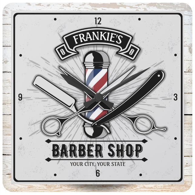 Retro Salon Barber Shop Barbershop Personalised Square Wall Clock (Creator Uploaded)