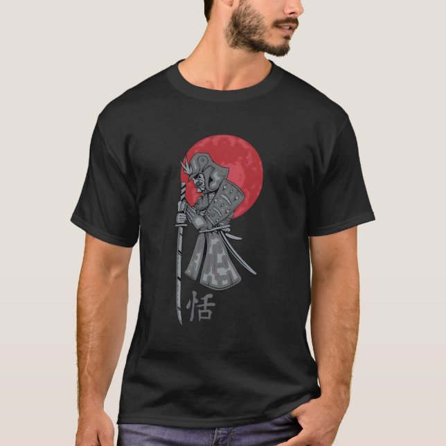 Retro Samurai Warrior And Red Full Moon T-Shirt (Front)