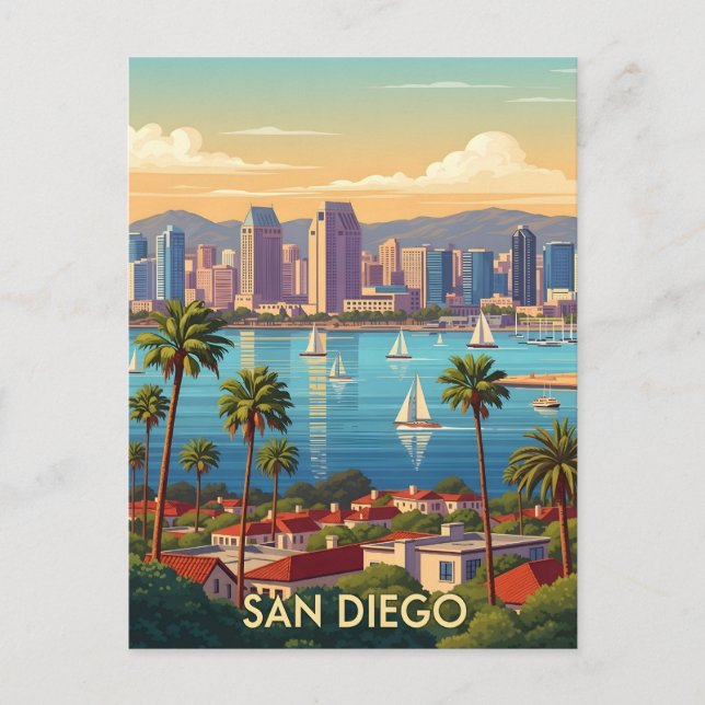 Retro San Diego California Coastal Skyline  Postcard (Front)
