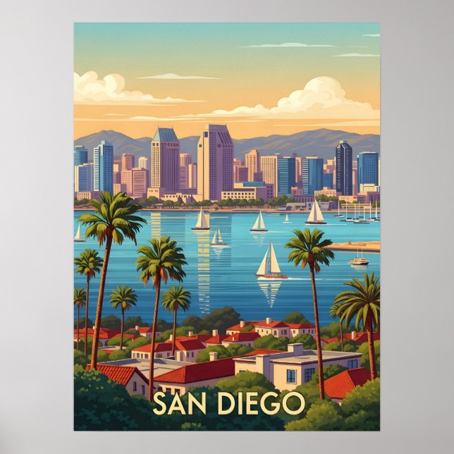 Retro San Diego California Coastal Skyline  Poster (Front)