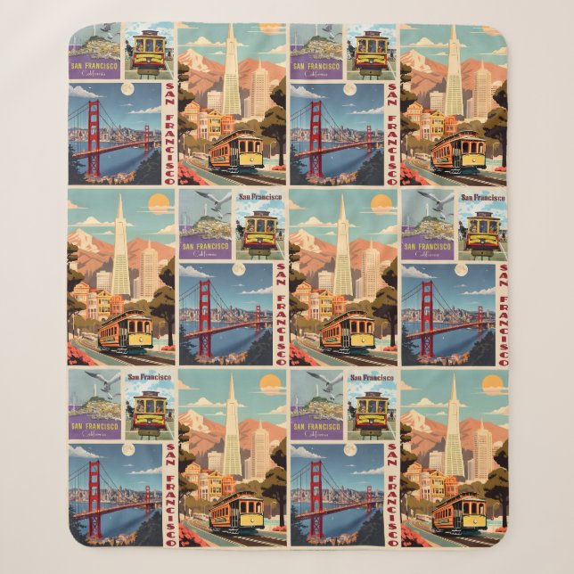 Retro San Francisco Batchwork Sherpa Blanket (Front)