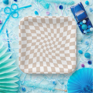 Retro Sand Rose Pink Pastel Warped Chequerboard   Paper Plate