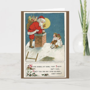 Retro Santa and Children on Chimney Christmas Card