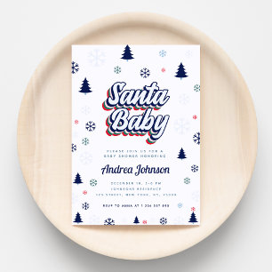 Retro Santa Baby Blue Snowflakes Boy Baby Shower Invitation