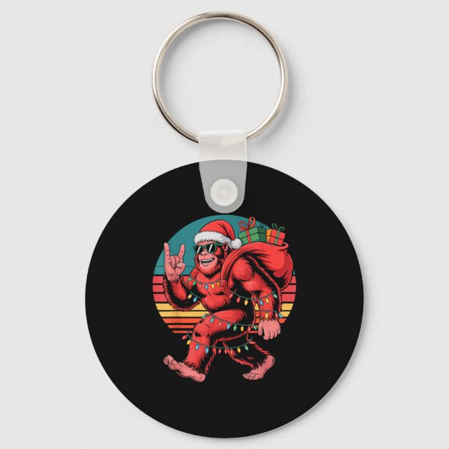 Retro Santa Bigfoot Christmas Funny Sasquatch Xmas Key Ring (Front)