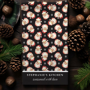 Retro Santa Black Personalised Name Christmas Tea Towel