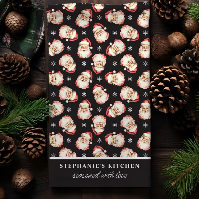 Retro Santa Black Personalised Name Christmas Tea Towel (Creator Uploaded)