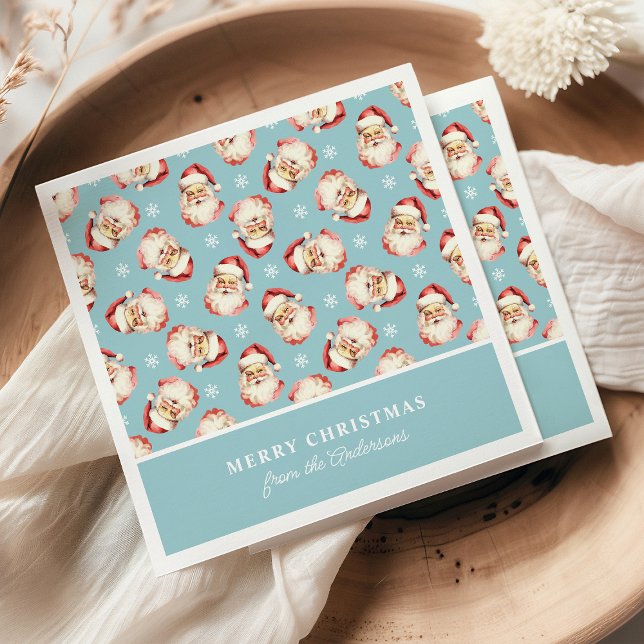 Retro Santa Blue Personalised Name Christmas Napkin (Creator Uploaded)