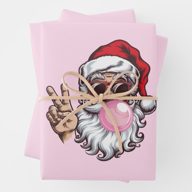 Retro Santa Christmas Blowing Bubble Vintage  Wrapping Paper Sheet (In situ)