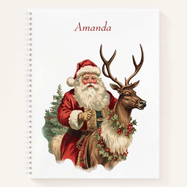 Retro Santa Claus and Reindeer Christmas Notebook (Front)