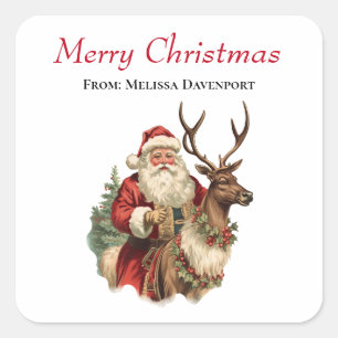 Retro Santa Claus and Reindeer Christmas Square Sticker