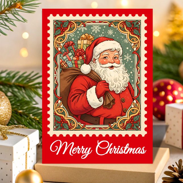 Retro Santa Claus Christmas Postage Stamp Holiday Card (Creator Uploaded)