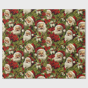 Retro Santa Claus Faces and Holly  Wrapping Paper