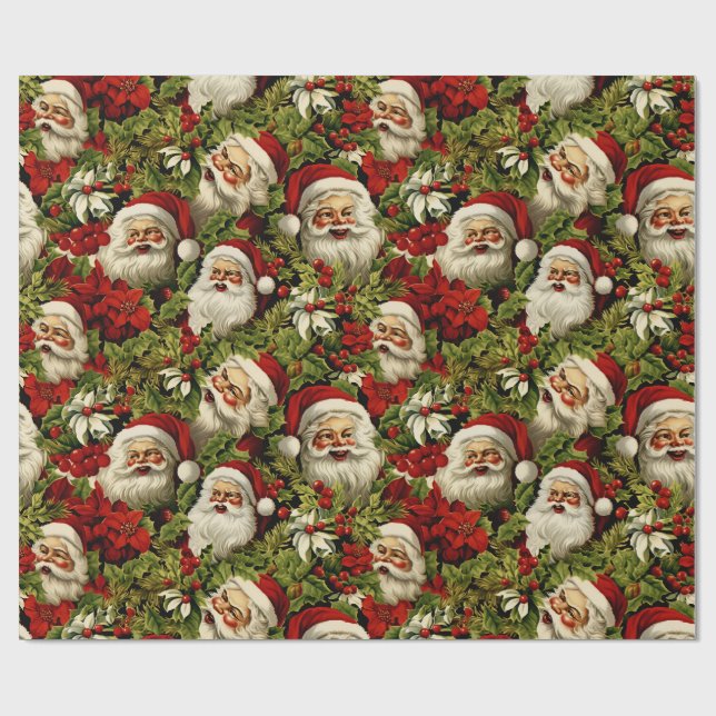 Retro Santa Claus Faces and Holly  Wrapping Paper (Flat)