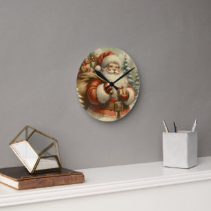 Retro Santa Claus Illustration Round Clock