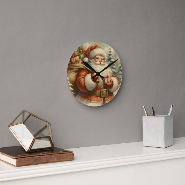 Retro Santa Claus Illustration Round Clock (Office)