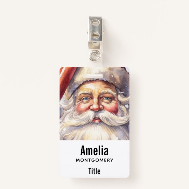 Retro Santa Claus in a Red Hat Christmas ID Badge (Front with Clip)