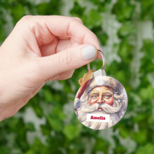 Retro Santa Claus in a Red Hat Christmas Key Ring