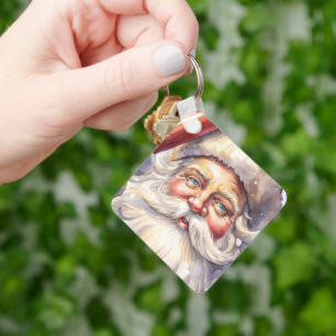 Retro Santa Claus in a Red Hat Christmas Key Ring
