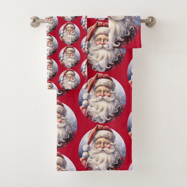 Retro Santa Claus in a Red Hat Christmas Pattern Bath Towel Set (Insitu)