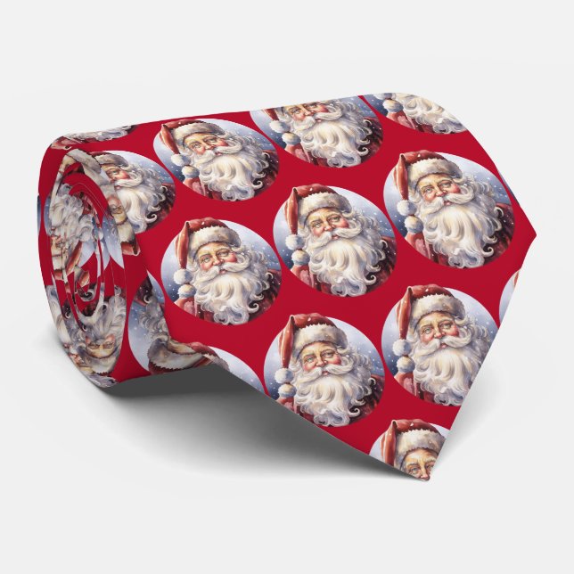 Retro Santa Claus in a Red Hat Christmas Pattern Tie (Rolled)
