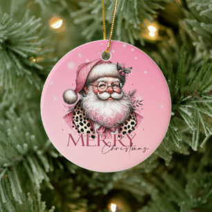 Retro Santa Claus Merry Christmas In Pink Ceramic Ornament