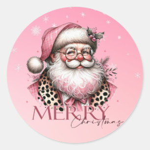 Retro Santa Claus Merry Christmas In Pink Classic Round Sticker