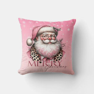 Retro Santa Claus Merry Christmas In Pink Cushion