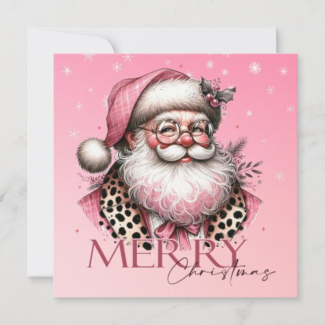 Retro Santa Claus Merry Christmas In Pink Holiday Card (Front)