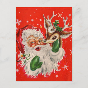 Retro Santa Claus & Reindeer Christmas Postcard