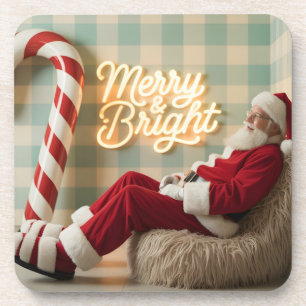 Retro Santa Claus Relaxing in a Fuzzy Chair Coaster