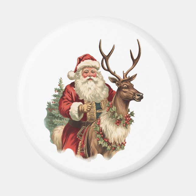 Retro Santa Claus Riding a Reindeer Christmas Magnet (Front)