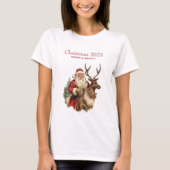 Retro Santa Claus Riding a Reindeer Christmas T-Shirt (Front)