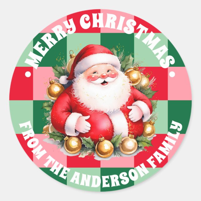 Retro Santa Claus Tartan Plaid Christmas Classic Round Sticker (Front)