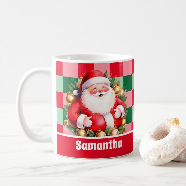 Retro Santa Claus Tartan Plaid Christmas  Coffee Mug (With Donut)