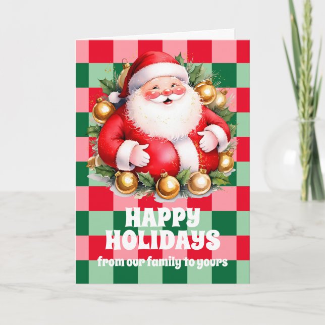 Retro Santa Claus Tartan Plaid Christmas Holiday Card (Front)