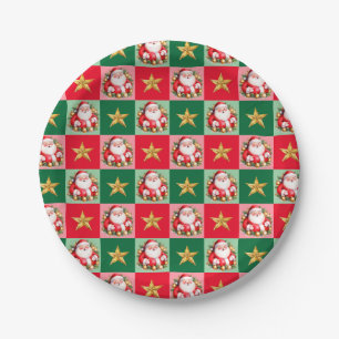 Retro Santa Claus Tartan Plaid Christmas  Paper Plate