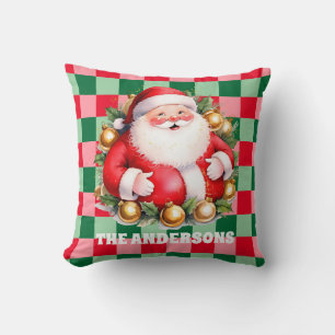 Retro Santa Claus Tartan Plaid Merry Christmas Cushion