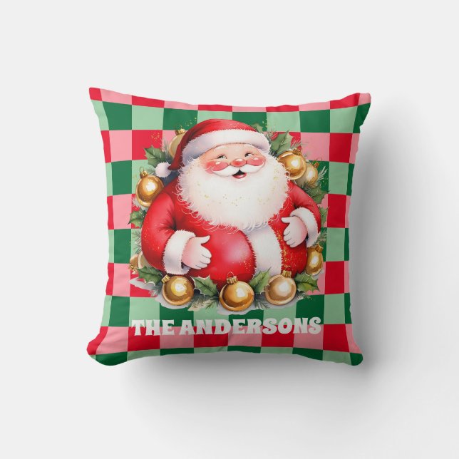 Retro Santa Claus Tartan Plaid Merry Christmas Cushion (Front)