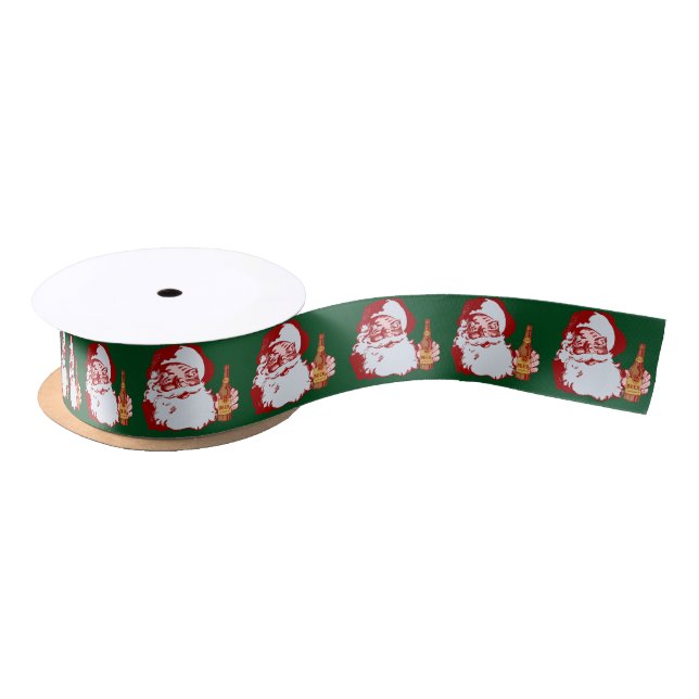 Retro Santa Claus with a Beer Christmas Funny Satin Ribbon (Spool)